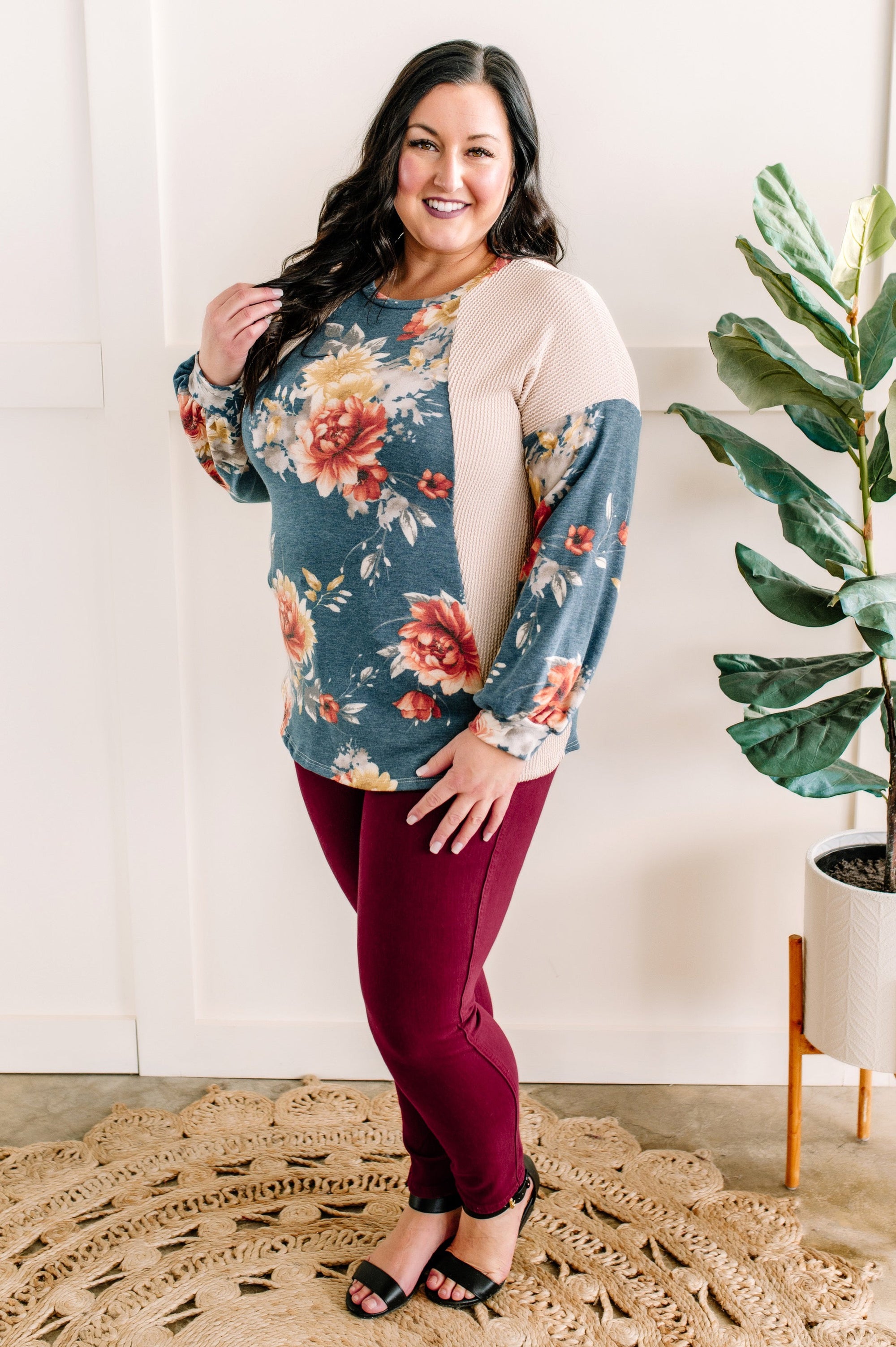 12.18 Color Block Top In Cream With Blue Florals