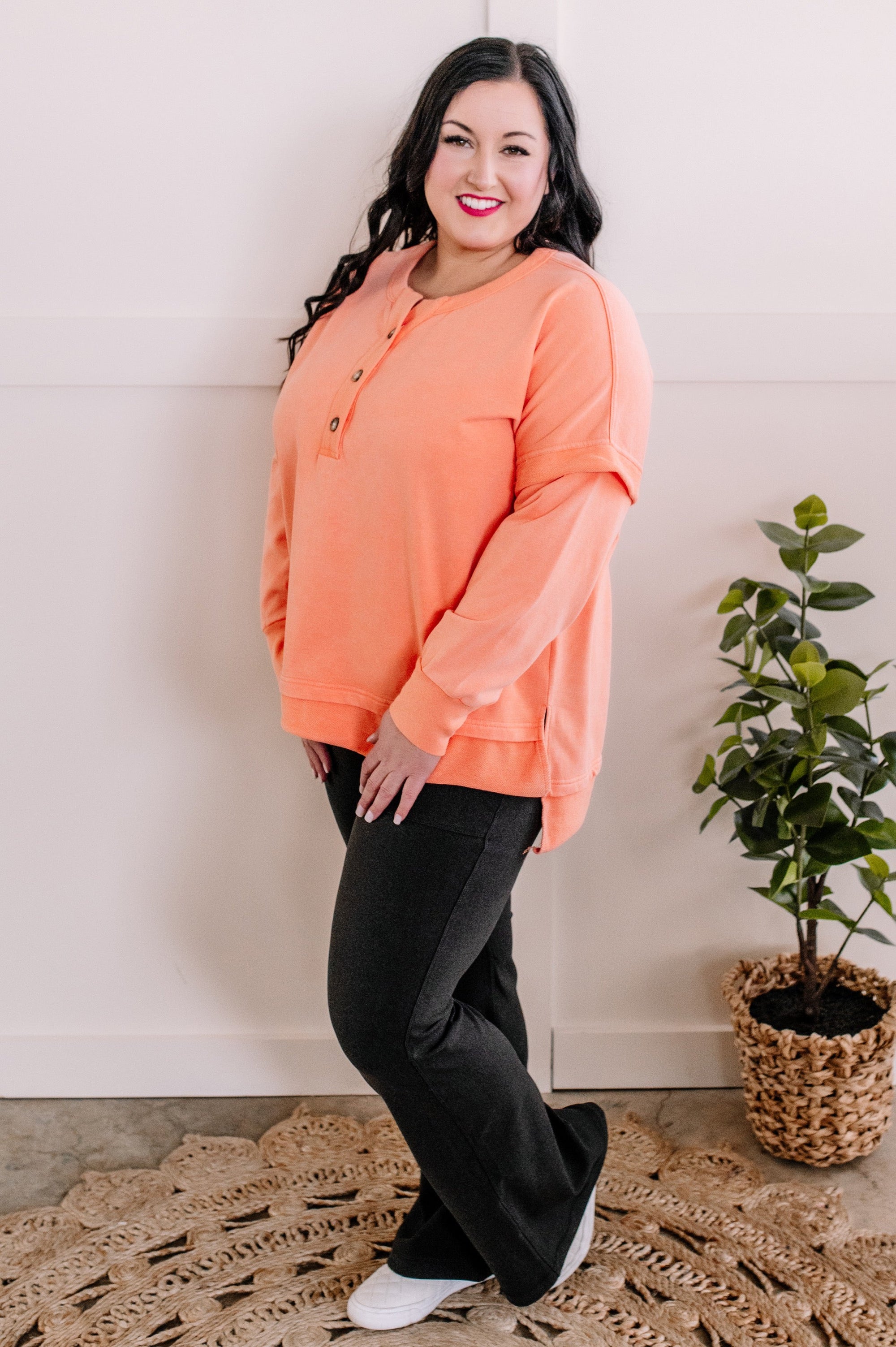 1.05 Button Front Oversized Henley In Spring Sunset
