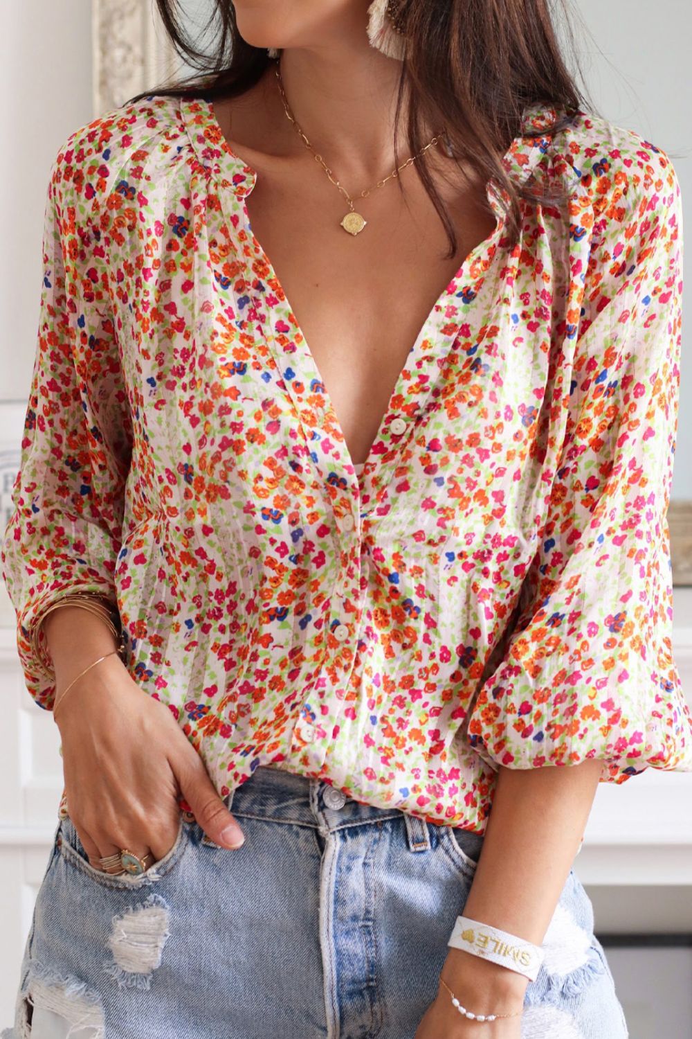 Printed Notched Long Sleeve Shirt