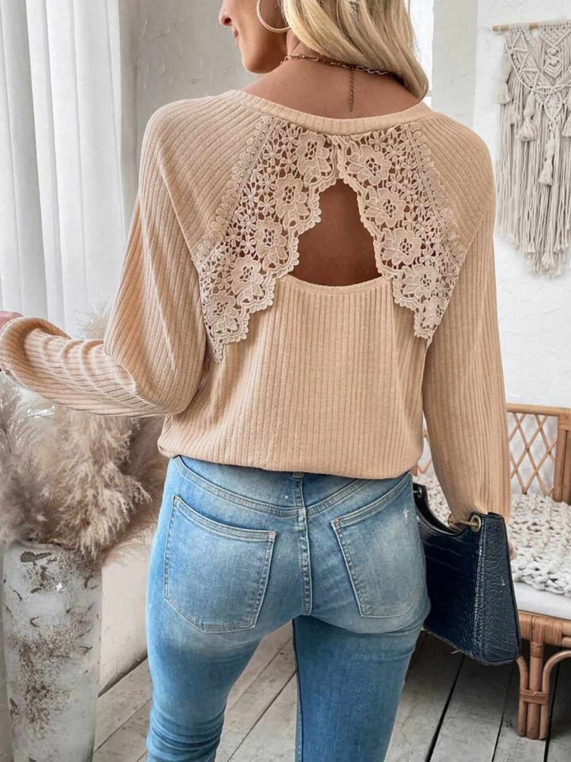 Lace Detail Cutout V-Neck Long Sleeve T-Shirt