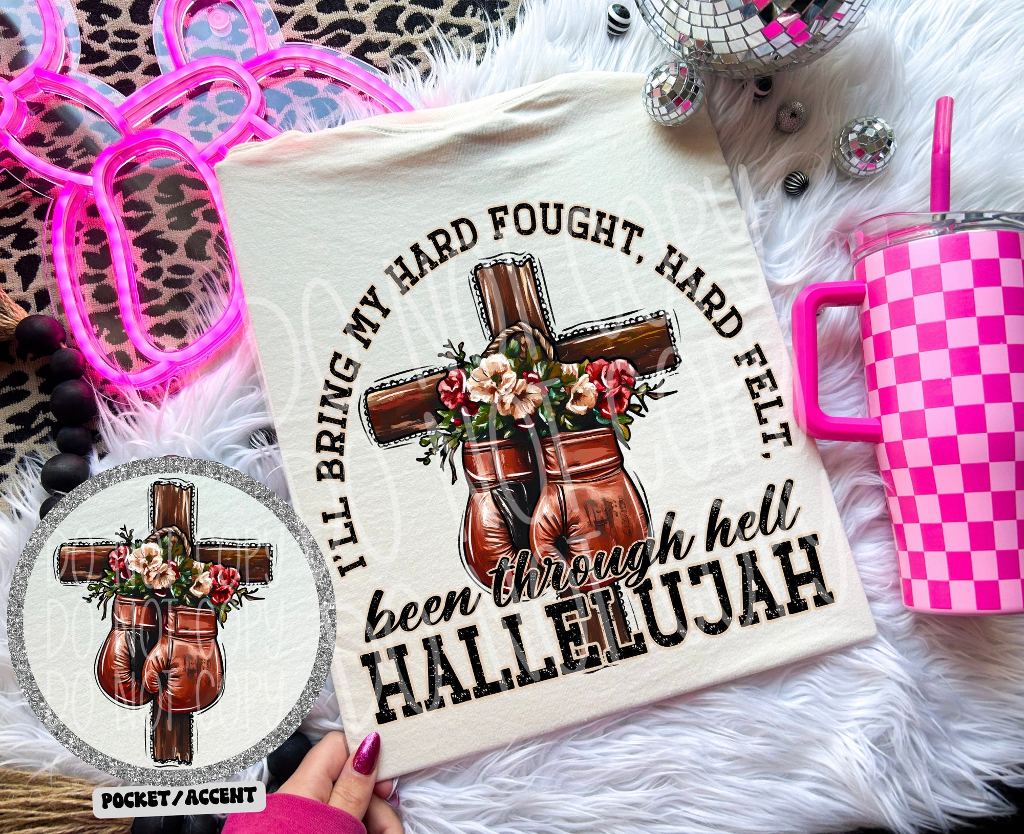 ILL BRING MY HARD FOUGH HARD FELT BEEN THROUGH HELL HALLELUJAH - POCKET PRINT DOUBLE SIDED TEE