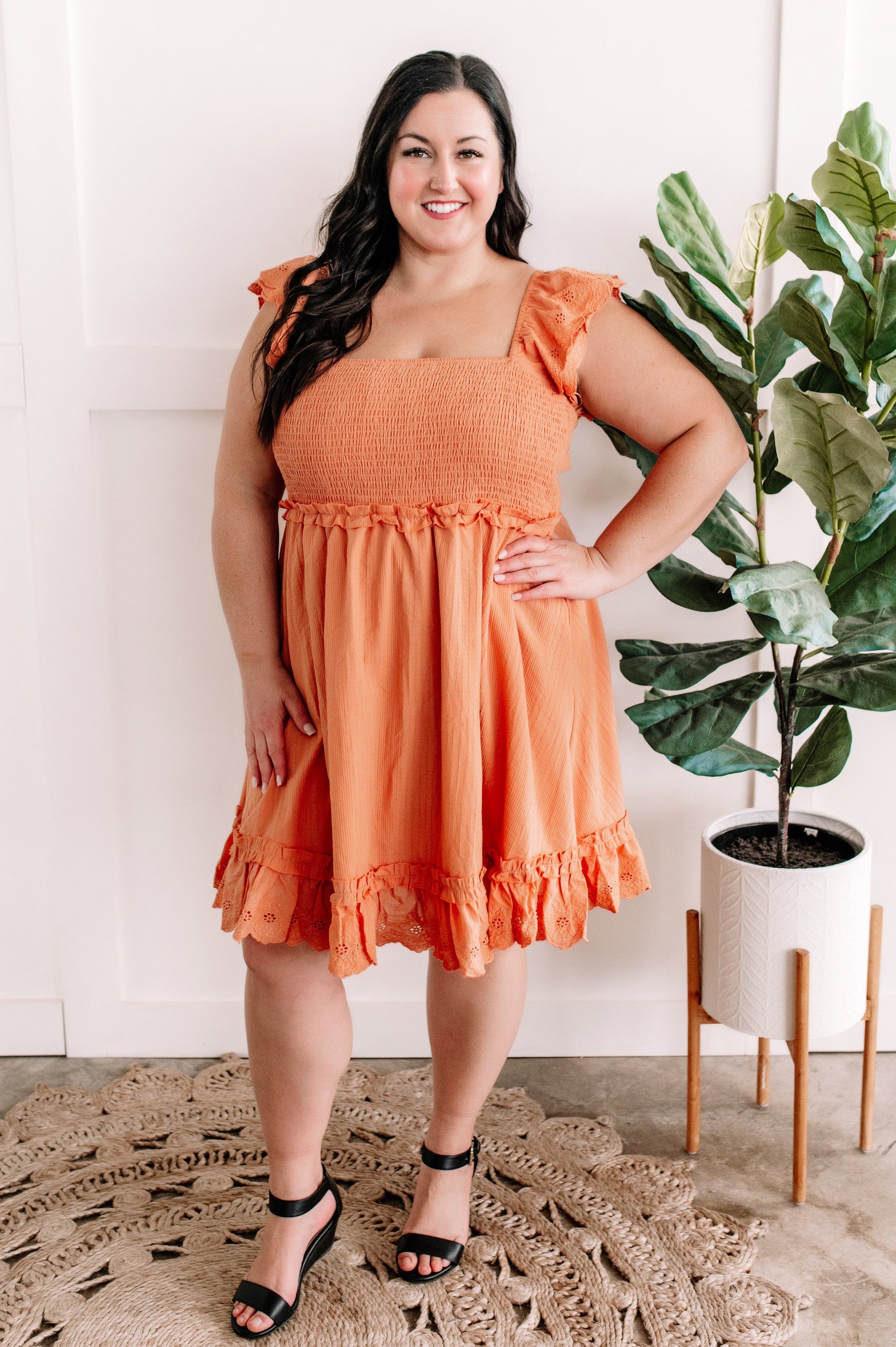 Apricot Smocked Dress With Eyelet Detail Flutter Sleeve