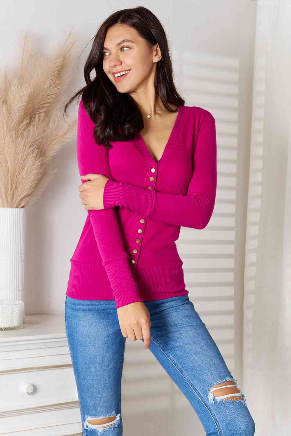 Zenana Outfitters Pink Relaxed Fit Waffle Knit Long Sleeve V Neck