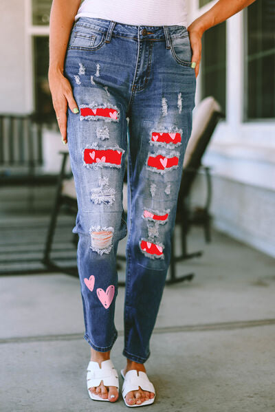 Heart Distressed Jeans with Pockets